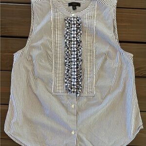 J. Crew Blue and White Ruffled Cotton Sleeveless Blouse NWOT